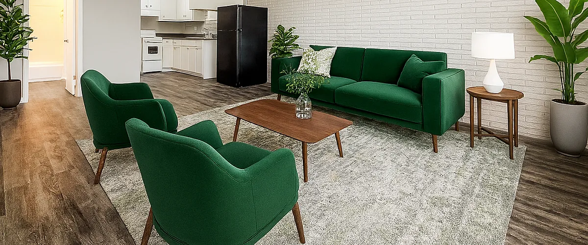 Modern apartment living room with elegant green furniture, stylish decor, and an open kitchen layout.