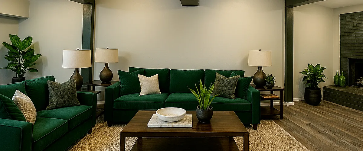 Inviting living room with elegant green sofas, stylish wood table, and modern decor, perfect for relaxation and entertaining.