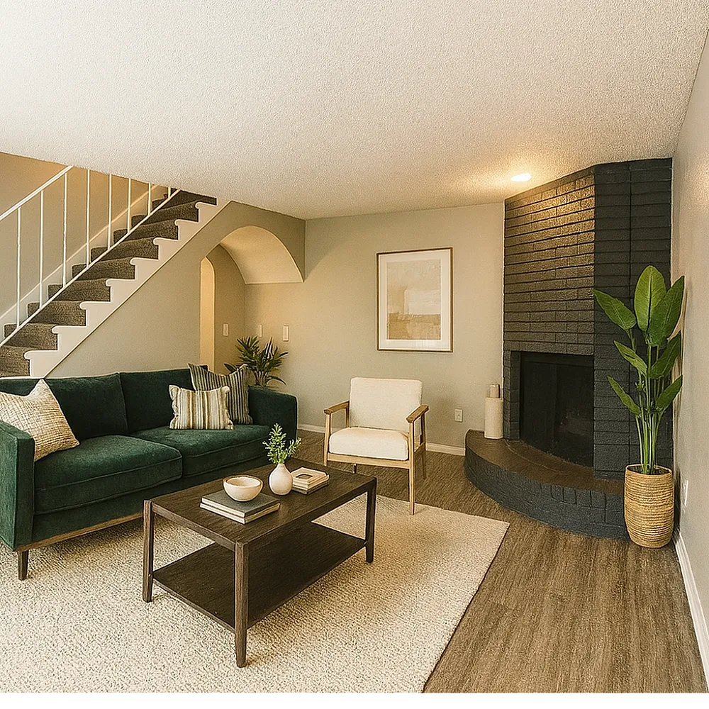 Cozy living room with an elegant green sofa, stylish staircase, and a modern black fireplace in a warm, inviting space.
