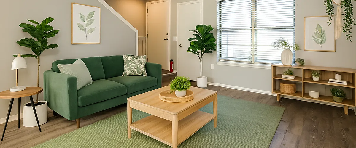 Inviting living room with a stylish green sofa, chic decor, and an abundance of natural light, featuring modern accents and lush houseplants.