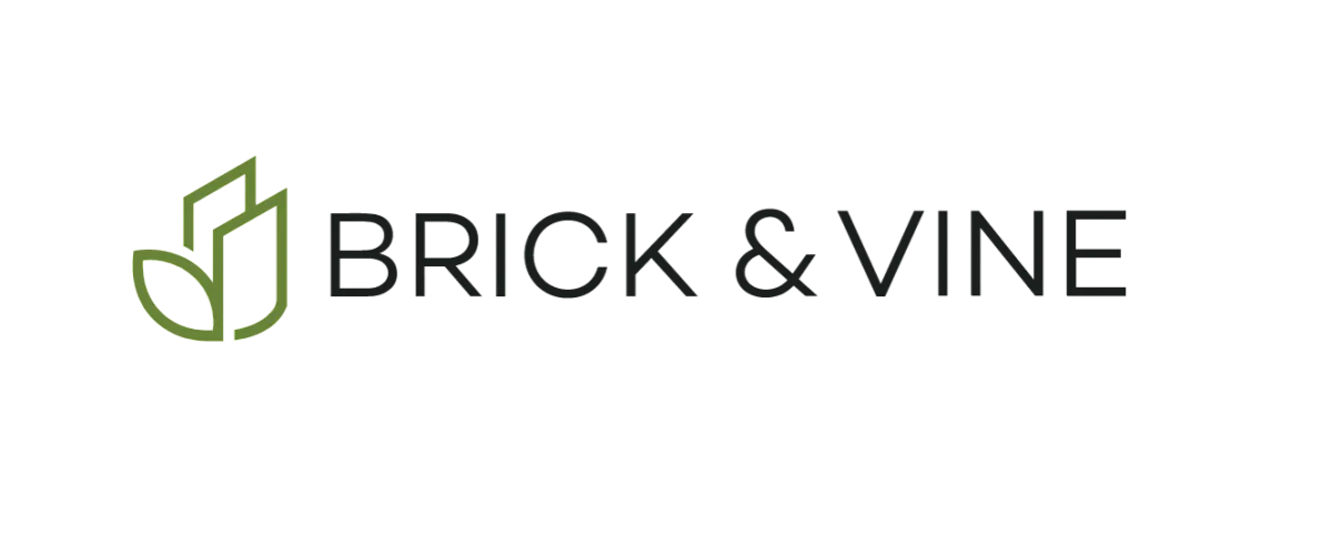 Brick & Vine logo with a modern green leaf and bricks design.