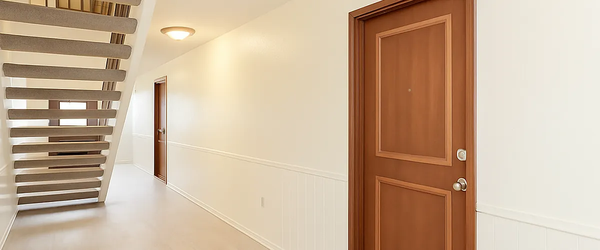 Bright and welcoming apartment hallway featuring elegant wooden doors and a modern staircase, showcasing stylish interior design.