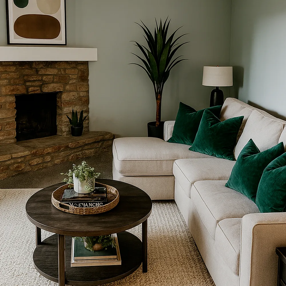 Chic living room with a cozy stone fireplace, elegant green accent pillows on a neutral sofa, and stylish decor on a wooden coffee table.