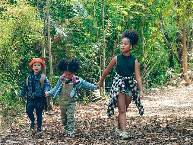 Three children joyfully explore a lush green forest, creating lasting memories during a fun nature walk.