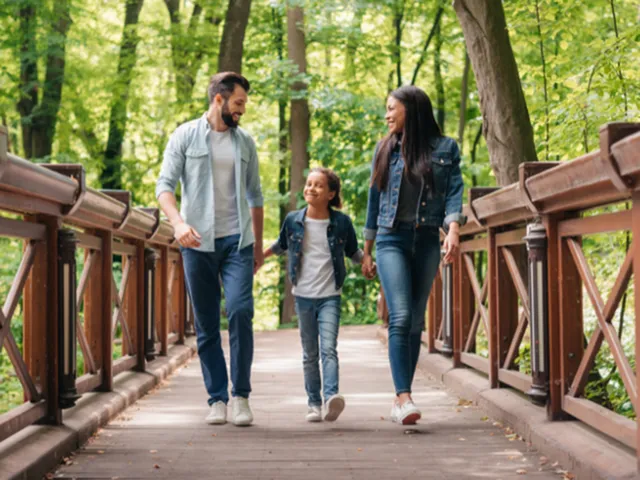 Family enjoying a walk on a scenic wooden bridge surrounded by lush green forest.