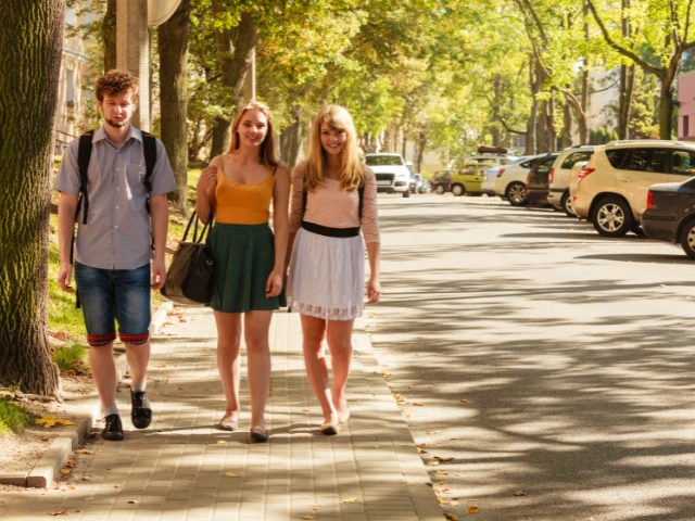 Three students walking together along a tree-lined campus sidewalk on a sunny day, with parked cars and campus buildings in the background.
