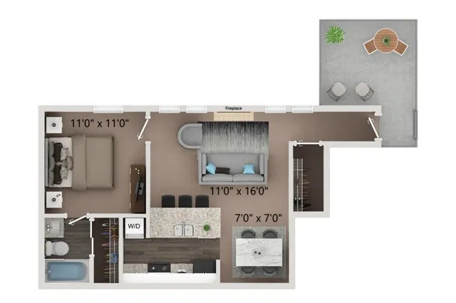 One bedroom- one bath floor plan with full size washer and dryer connections. Ground floor homes offer wood plank style flooring all through out. Second floor homes offer carpet in the bedroom\'s and closets.