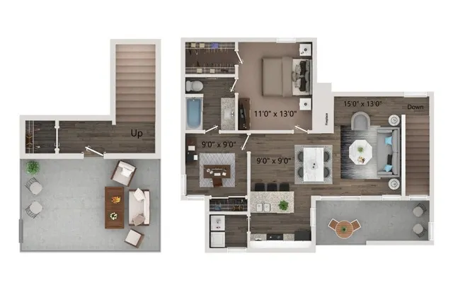 Two bedroom - one bath townhome with full size washer and dryer connections. Ground floor homes offer wood plank style flooring all through out. Second floor homes offer carpet in the bedroom\'s and closets.