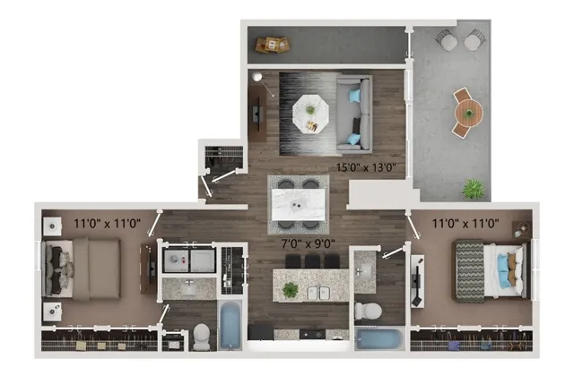 Two bedroom - two bathroom floor plan with full size washer and dryer connections. Ground floor homes offer wood plank style flooring all through out. Second floor homes offer carpet in the bedroom\'s and closets.