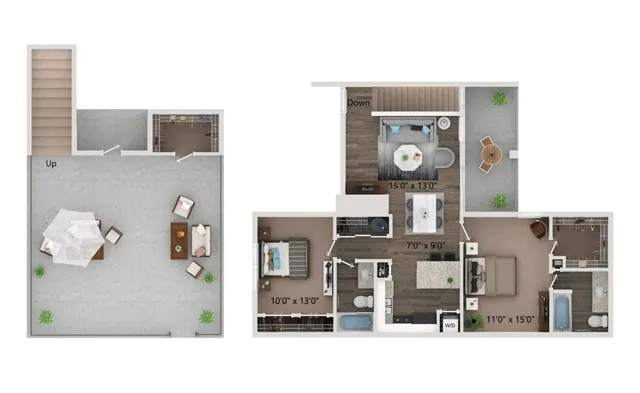 Two bedroom - two bathroom townhome with full size washer and dryer connections. Ground floor homes offer wood plank style flooring all through out. Second floor homes offer carpet in the bedroom\'s and closets.