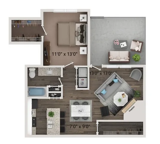 One bedroom- one bath floor plan with full size washer and dryer connections. Ground floor homes offer wood plank style flooring all through out. Second floor homes offer carpet in the bedroom\'s and closets.