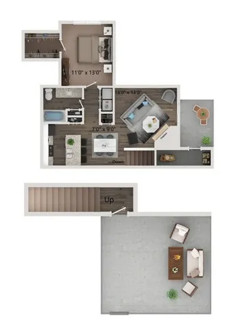One bedroom- one bath townhome with full size washer and dryer connections. Ground floor homes offer wood plank style flooring all through out. Second floor homes offer carpet in the bedroom\'s and closets.