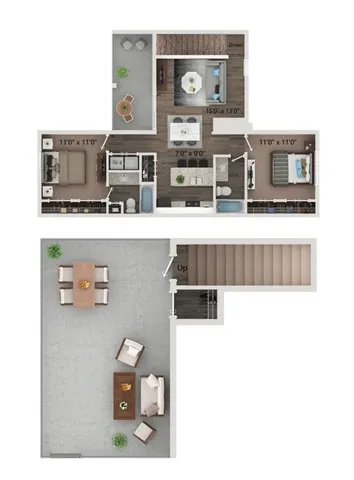 Two bedroom - two bathroom townhome with full size washer and dryer connections. Ground floor homes offer wood plank style flooring all through out. Second floor homes offer carpet in the bedroom\'s and closets.