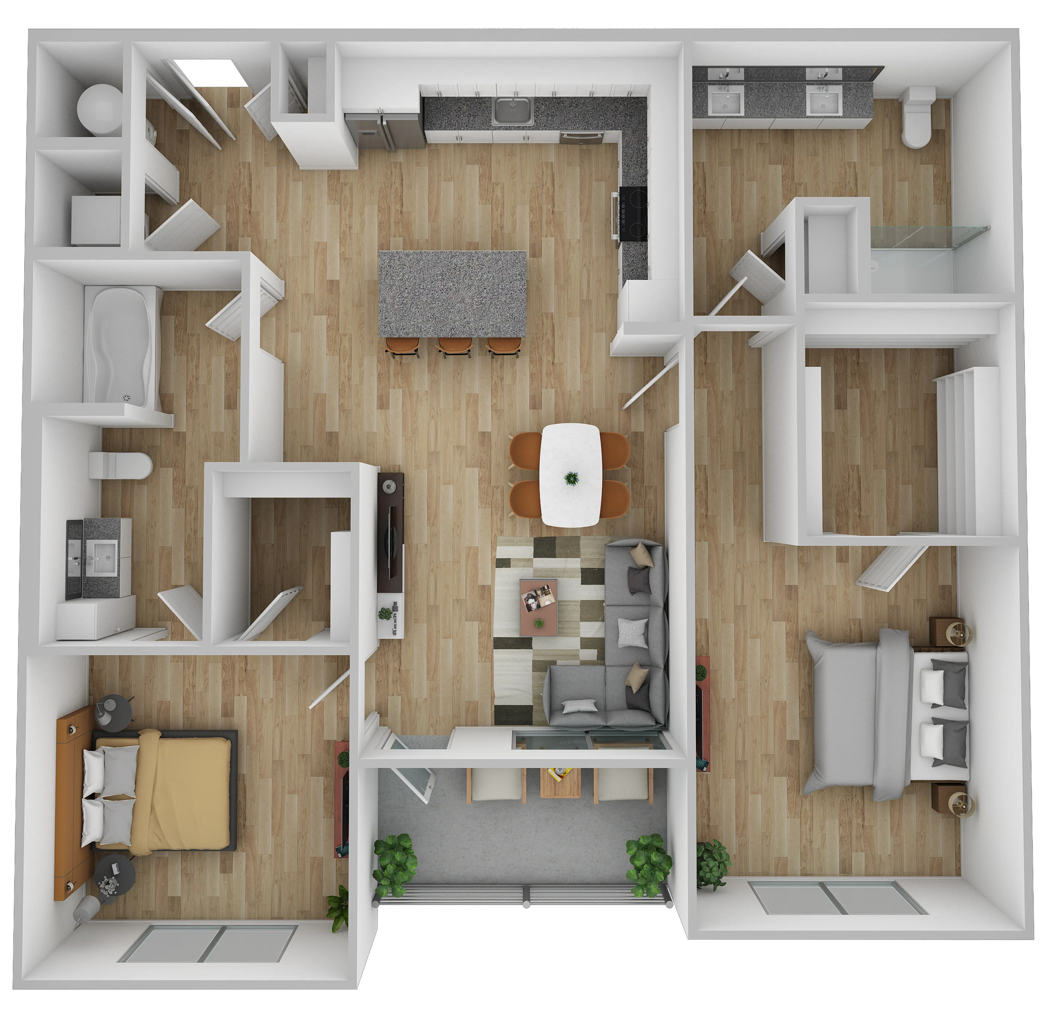 Contemporary 3D floor plan with 2 spacious bedrooms, open-concept kitchen with island, elegant living and dining area, and 2 modern bathrooms.