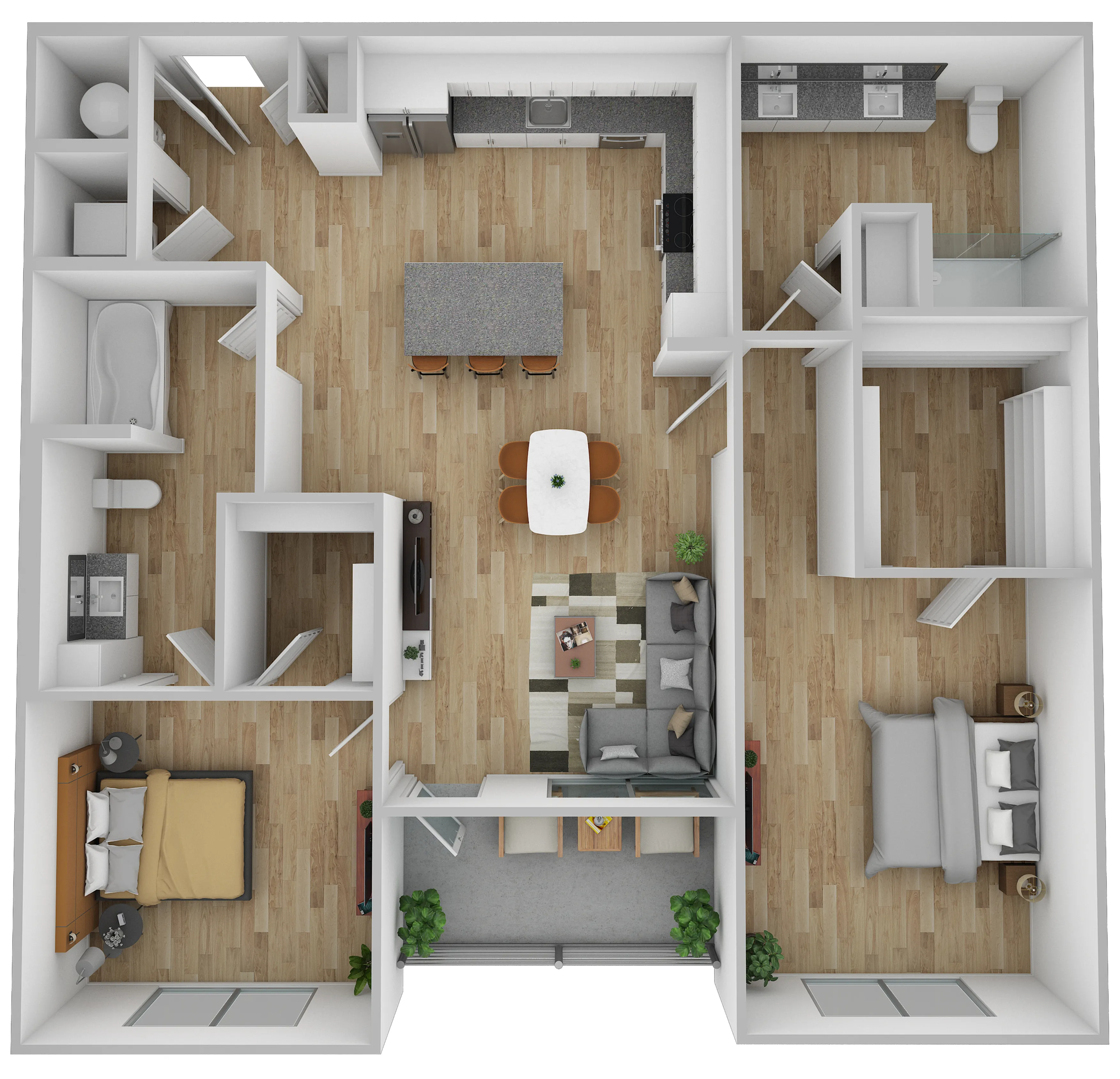Elegant 3D floor plan showcasing a modern apartment with 2 bedrooms, open-concept kitchen, spacious living area, and 2 luxurious bathrooms.