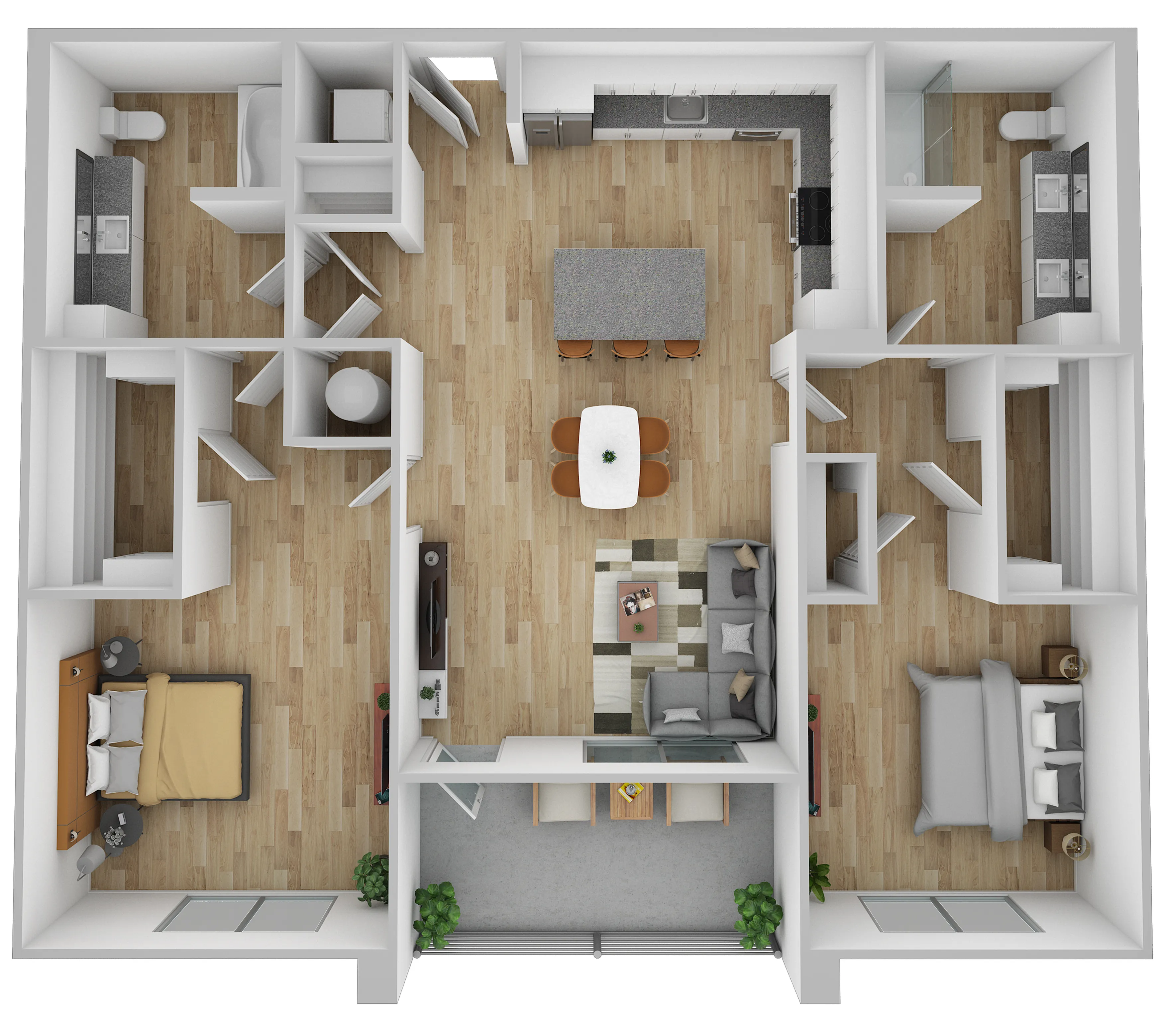 Inviting 3D floor plan showcasing 2 spacious bedrooms, a modern kitchen with island seating, and an open-concept living and dining area. Perfect for contemporary living.