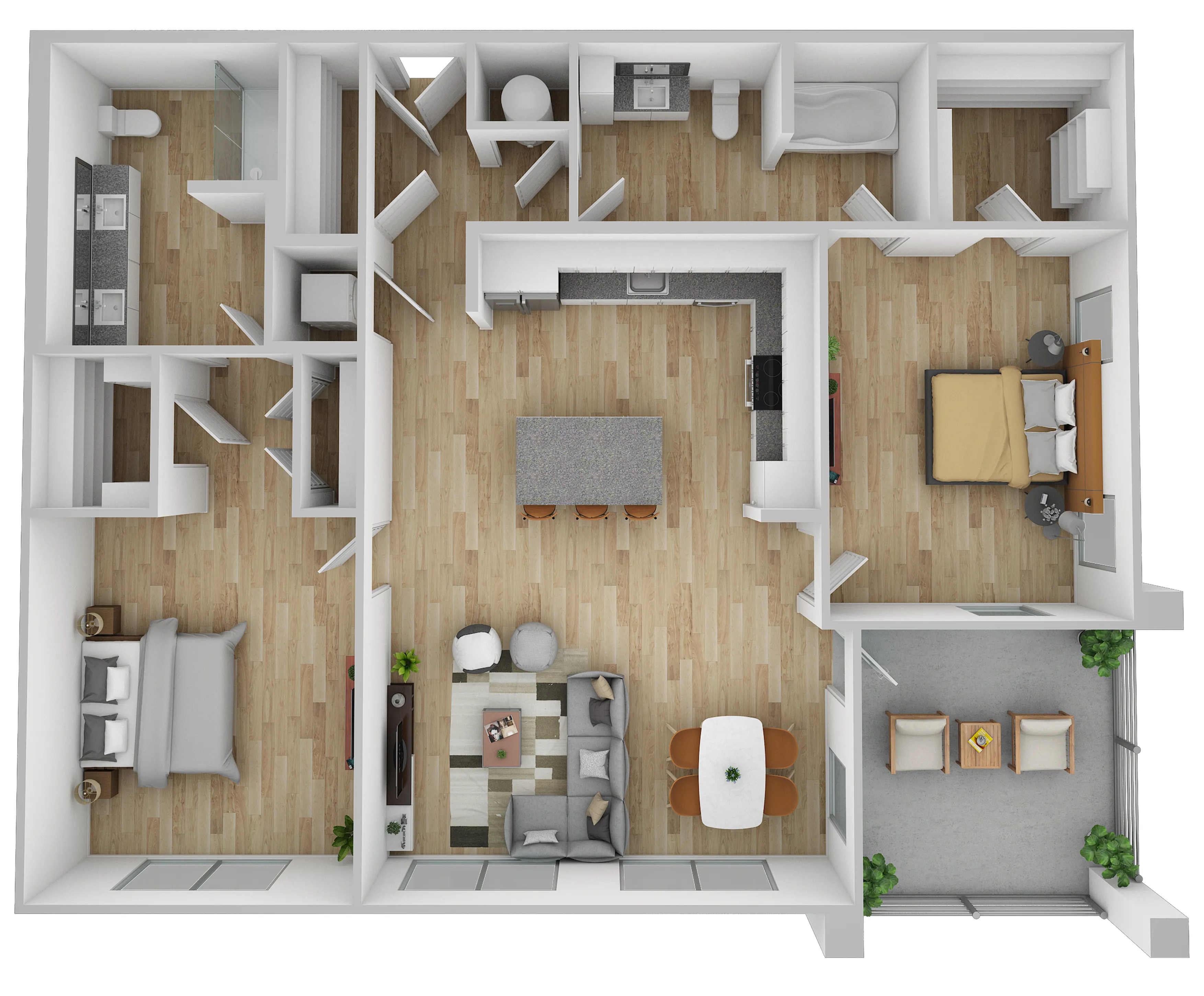 Bright and modern floor plan showcasing 2 bedrooms, a spacious open-concept kitchen, inviting living room, and elegant dining area, complete with a cozy balcony.