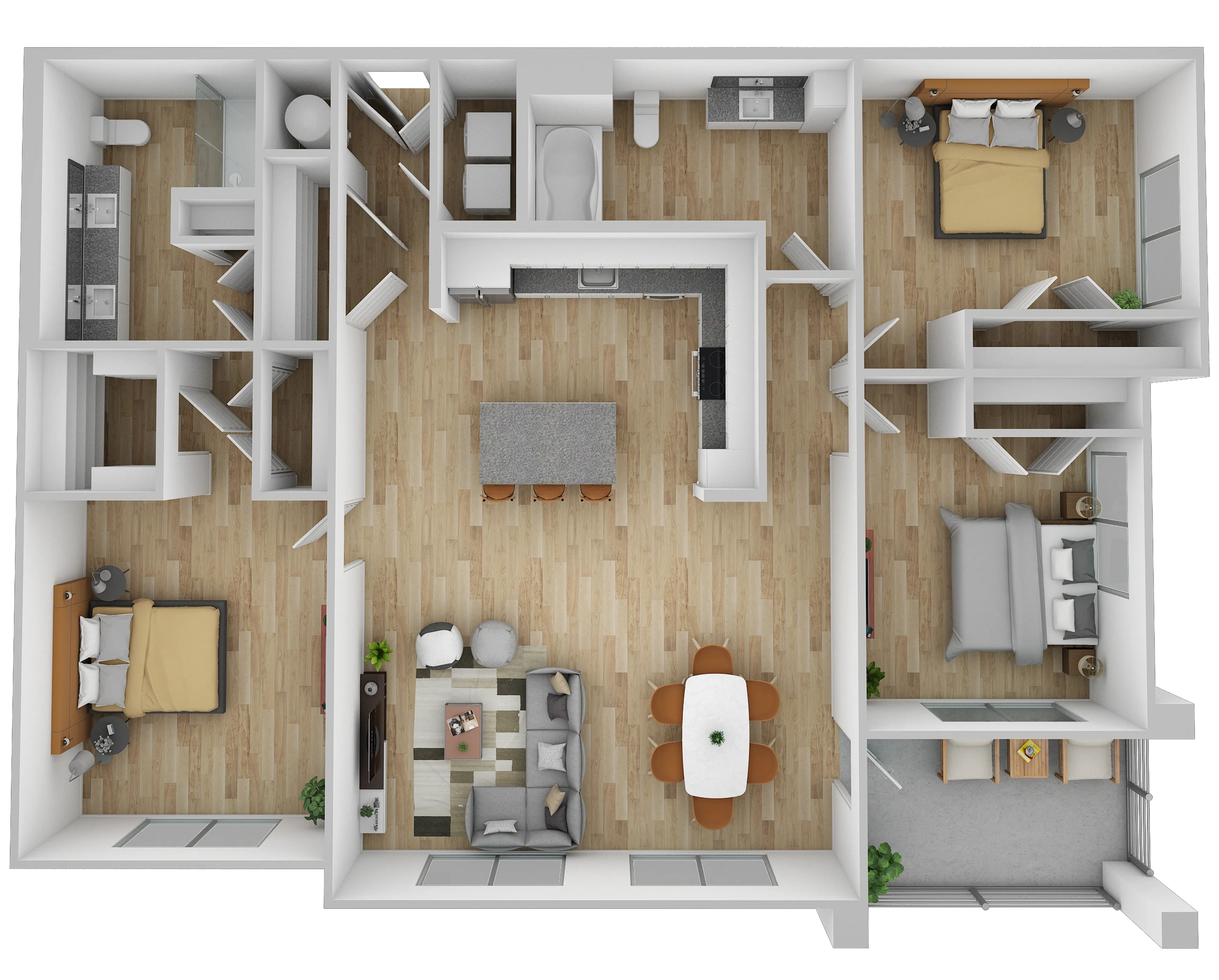 Modern apartment floor plan showcasing 3 bedrooms, open-concept living and dining area, spacious kitchen, and a cozy balcony.