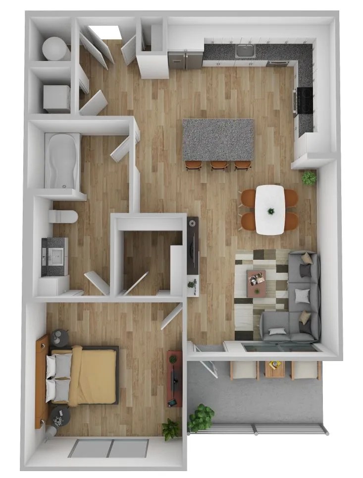 Modern 3D floor plan showcasing a 1-bedroom apartment with a sleek kitchen, cozy living area, spacious bathroom, and inviting balcony.
