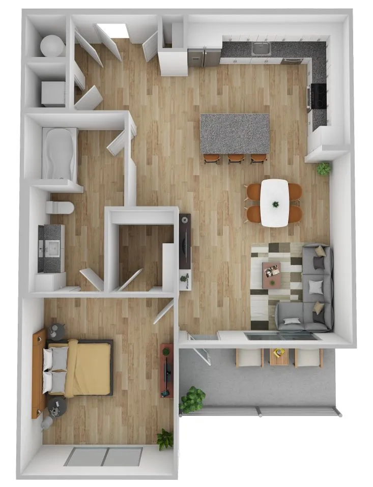 Elegant 3D floor plan showcasing a spacious one-bedroom apartment with open-concept living and dining area, modern kitchen with island, stylish bathroom, and a cozy balcony.