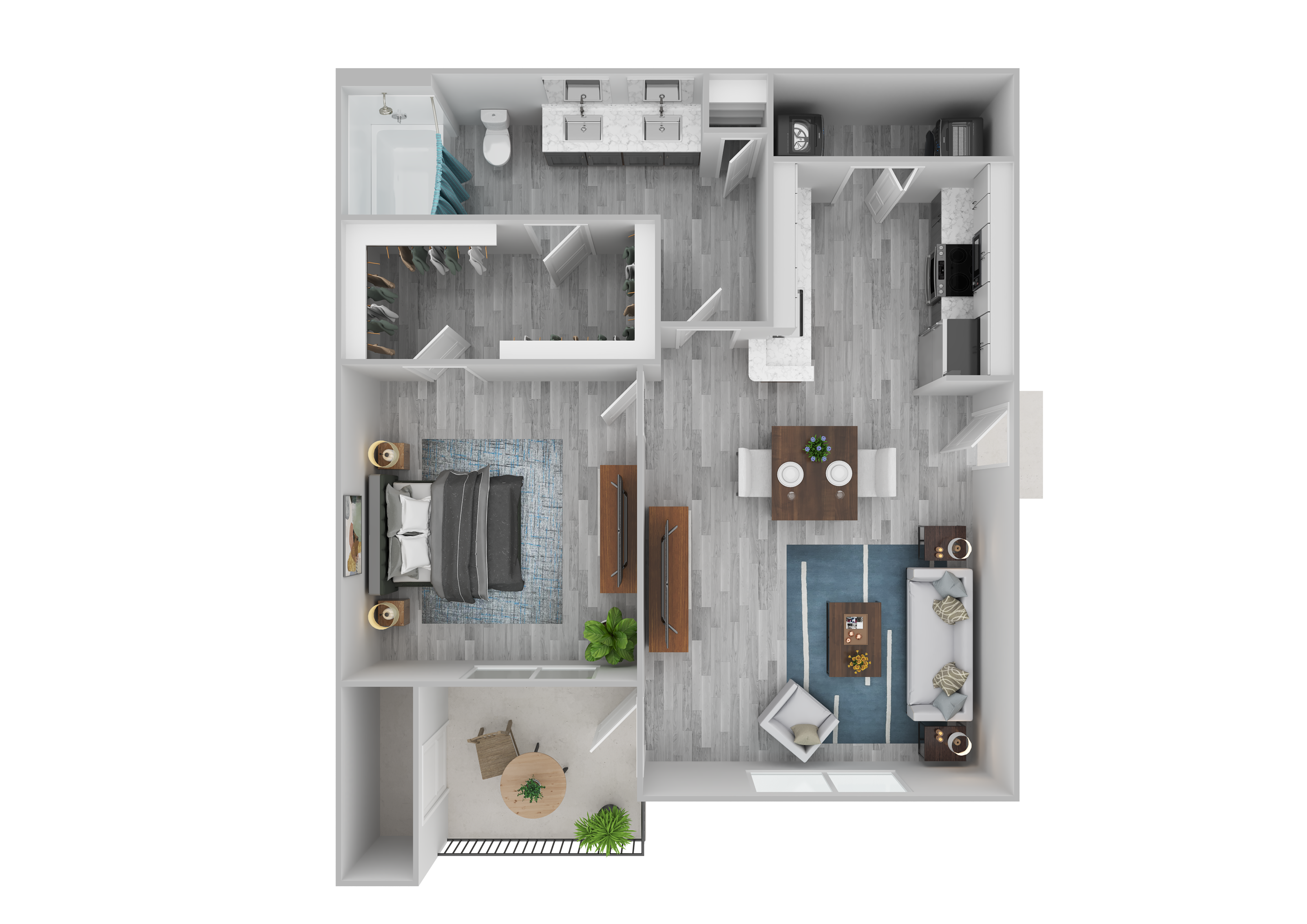 Modern 3D floor plan showcasing a spacious one-bedroom apartment with an open-concept living and dining area, contemporary kitchen, luxurious bathroom, and private balcony.