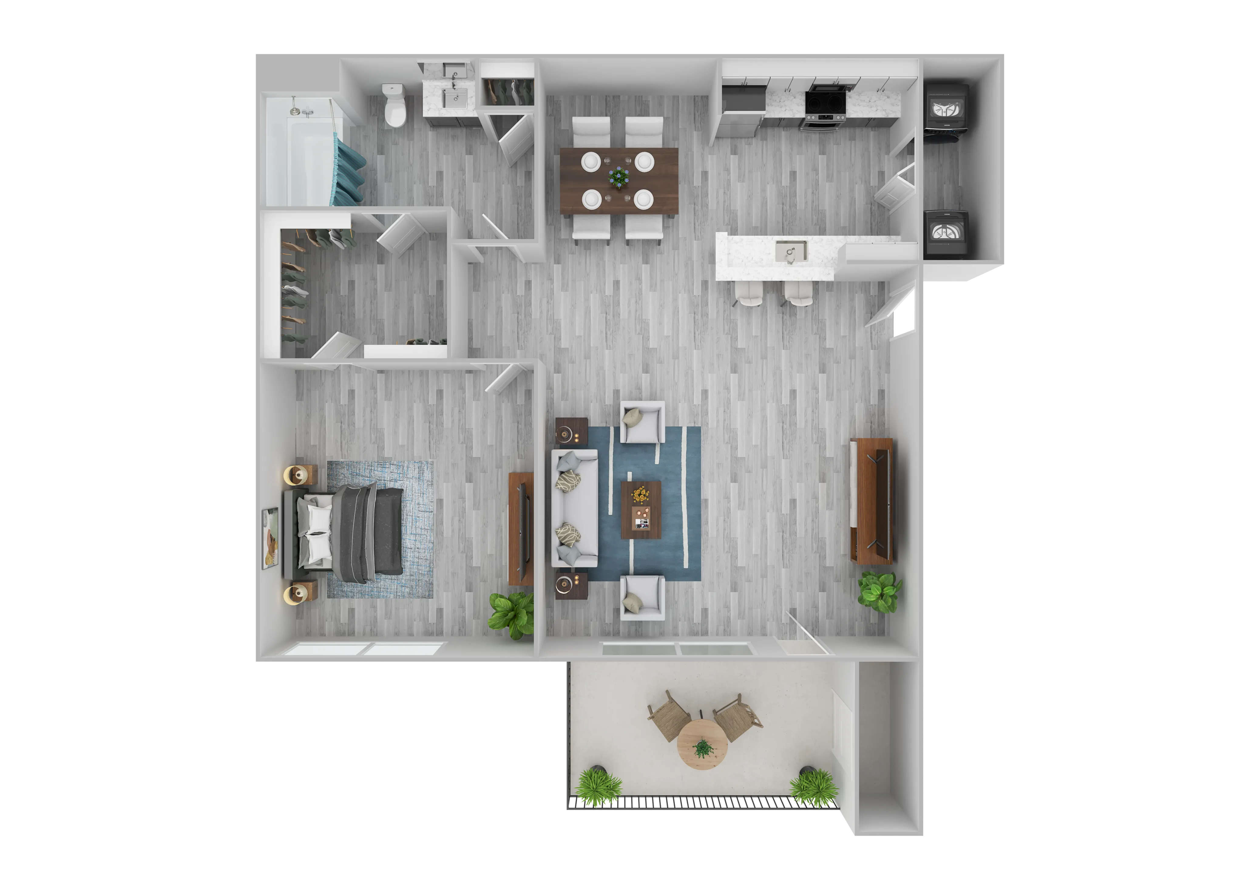 Modern 3D floor plan showcasing 1 bedroom, open-concept kitchen, dining and living area with elegant finishes, and a cozy balcony perfect for relaxation.