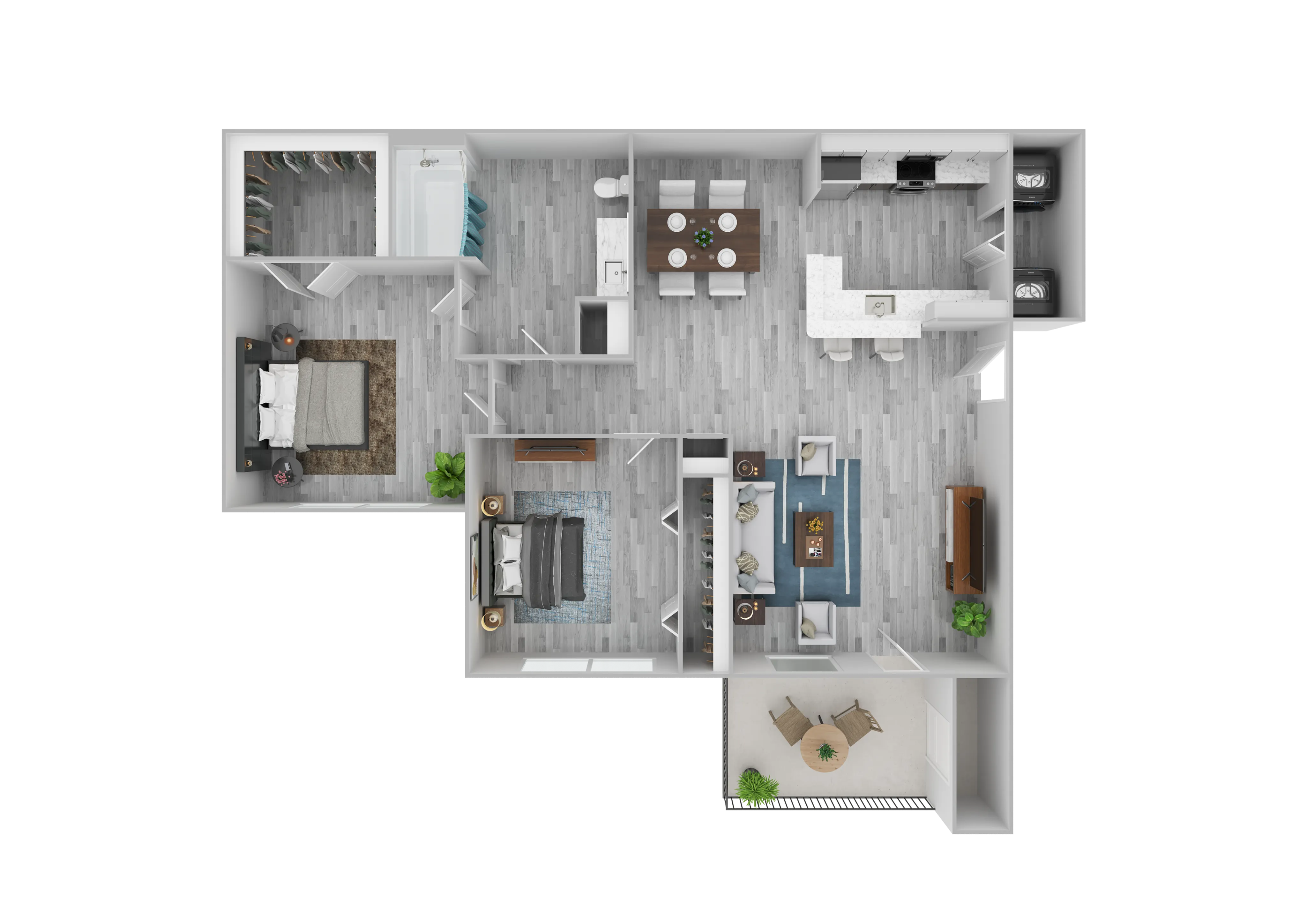 Modern 3D floor plan featuring two spacious bedrooms, an open-concept living and dining area, a sleek kitchen with a breakfast bar, and a cozy outdoor patio.