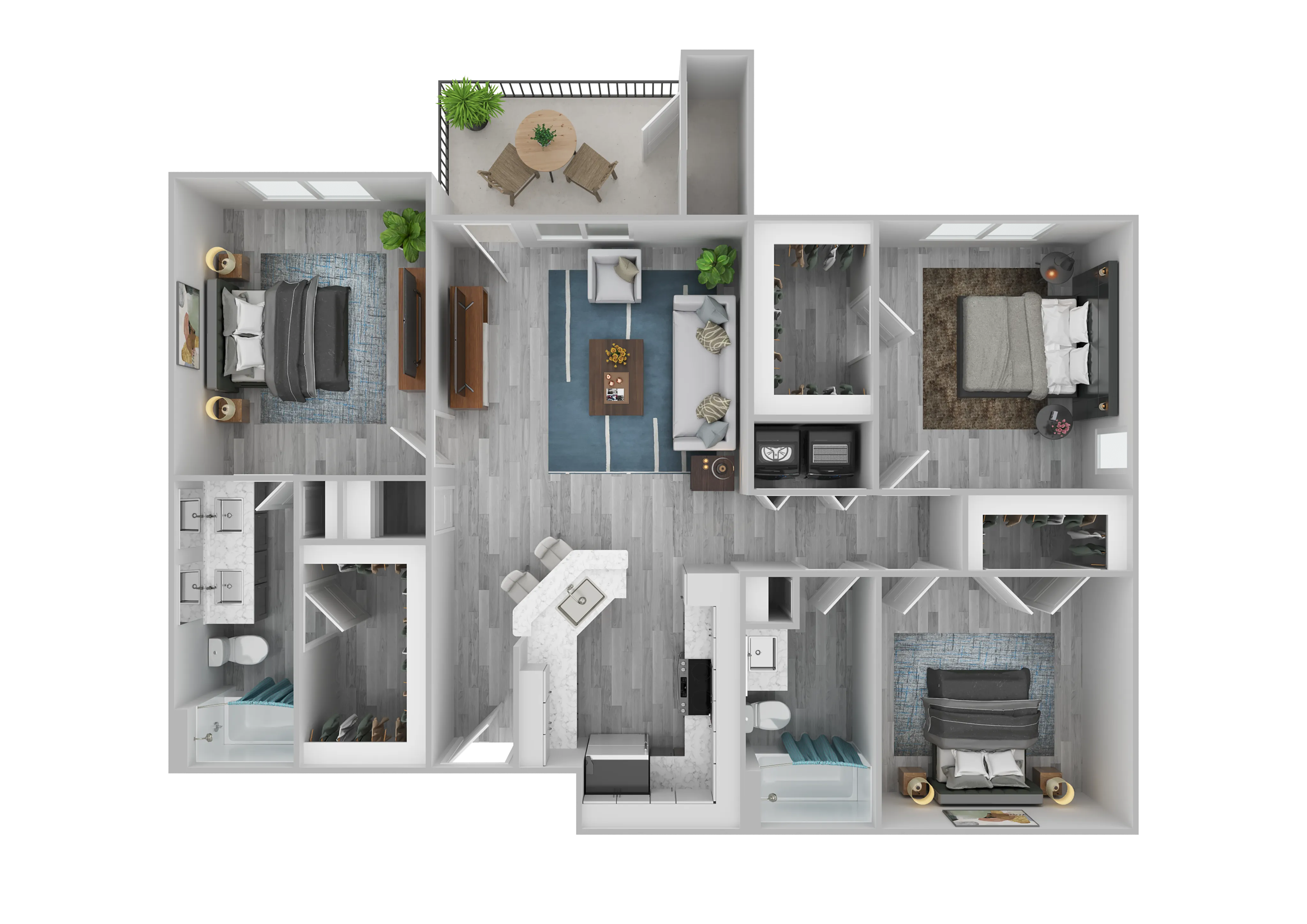Modern 3D floor plan featuring three elegant bedrooms, open-concept living and dining area, and a stylish kitchen, complete with a cozy balcony.