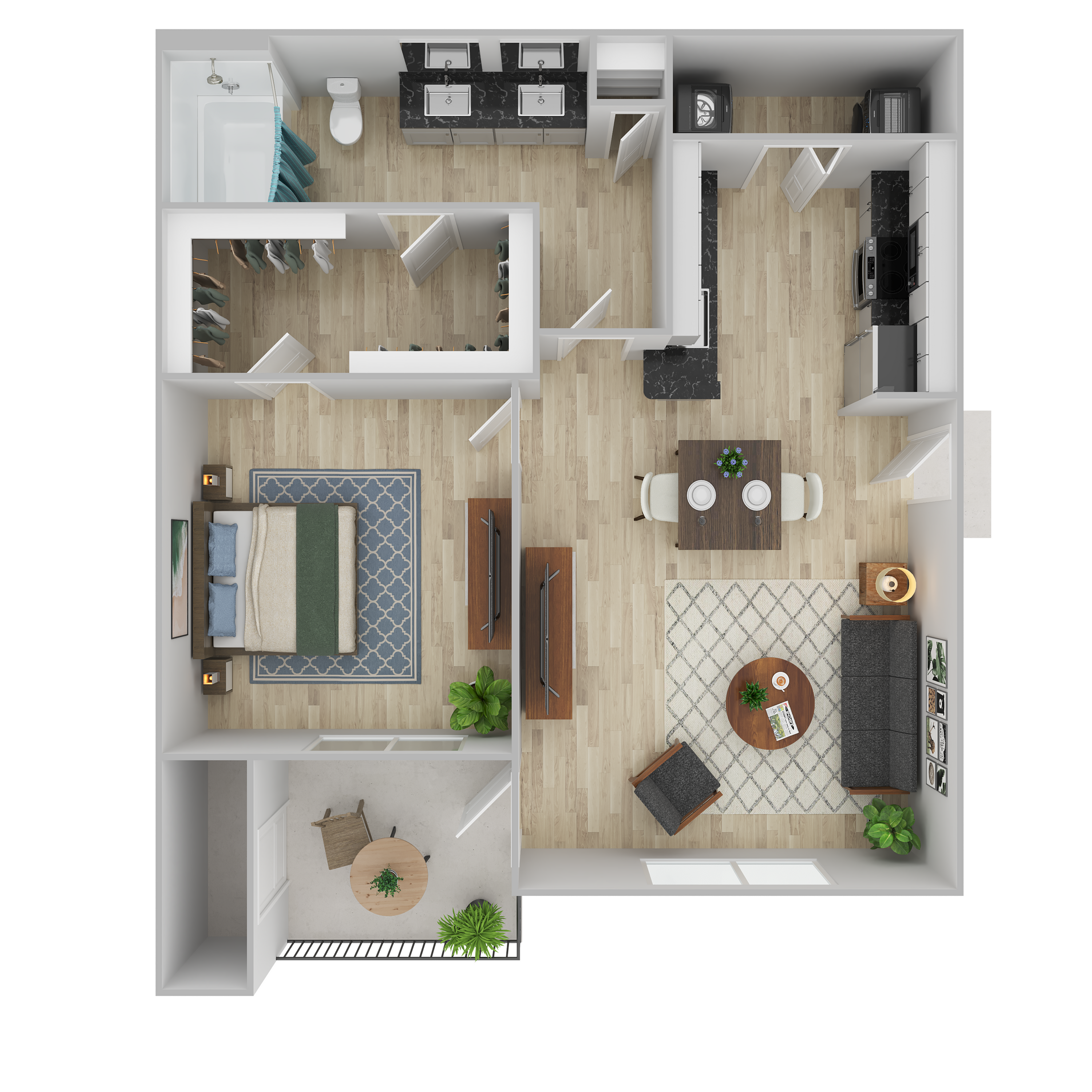 Elegant 3D floor plan showcasing a modern 1-bedroom apartment with an inviting open-concept living area, stylish kitchen, spacious bathroom, and private balcony.