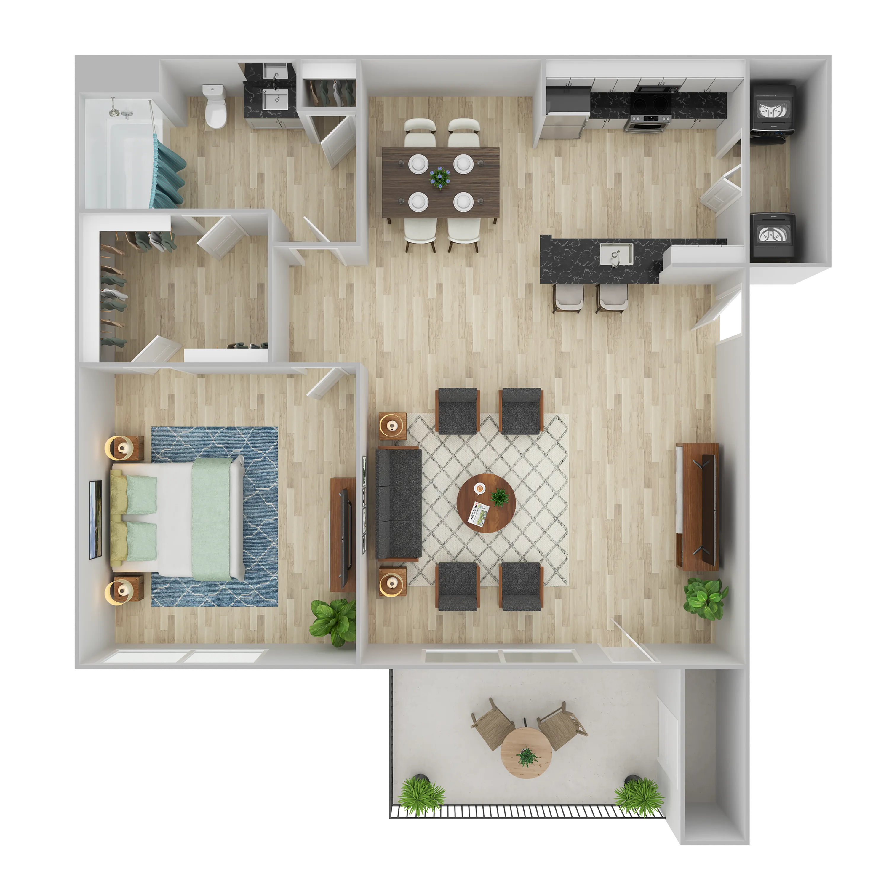 Modern floor plan showcasing a spacious one-bedroom apartment with an open-concept living and dining area, sleek kitchen, and private patio.