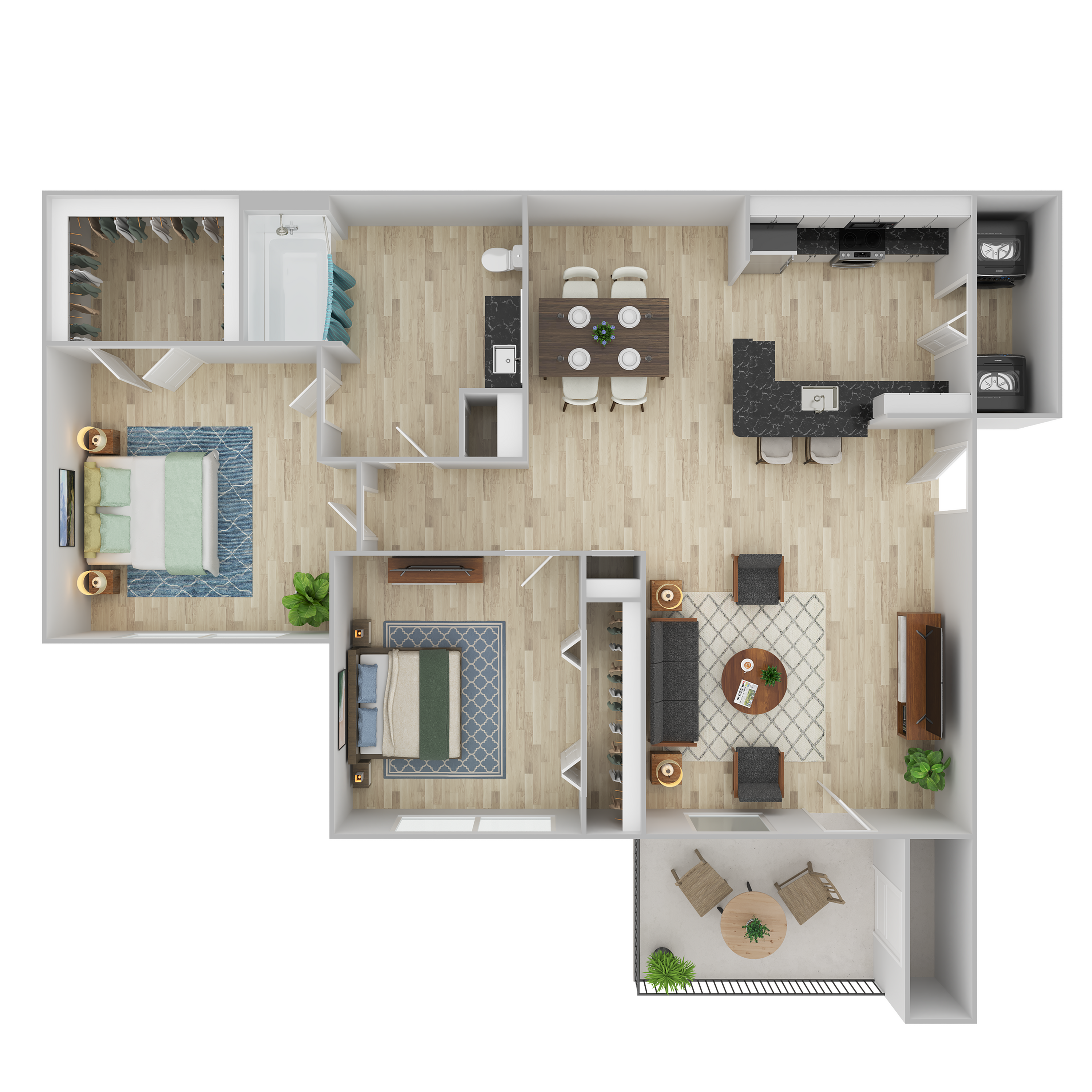 Modern 3D floor plan with 2 bedrooms, open living-dining area, sleek kitchen, and a cozy balcony.