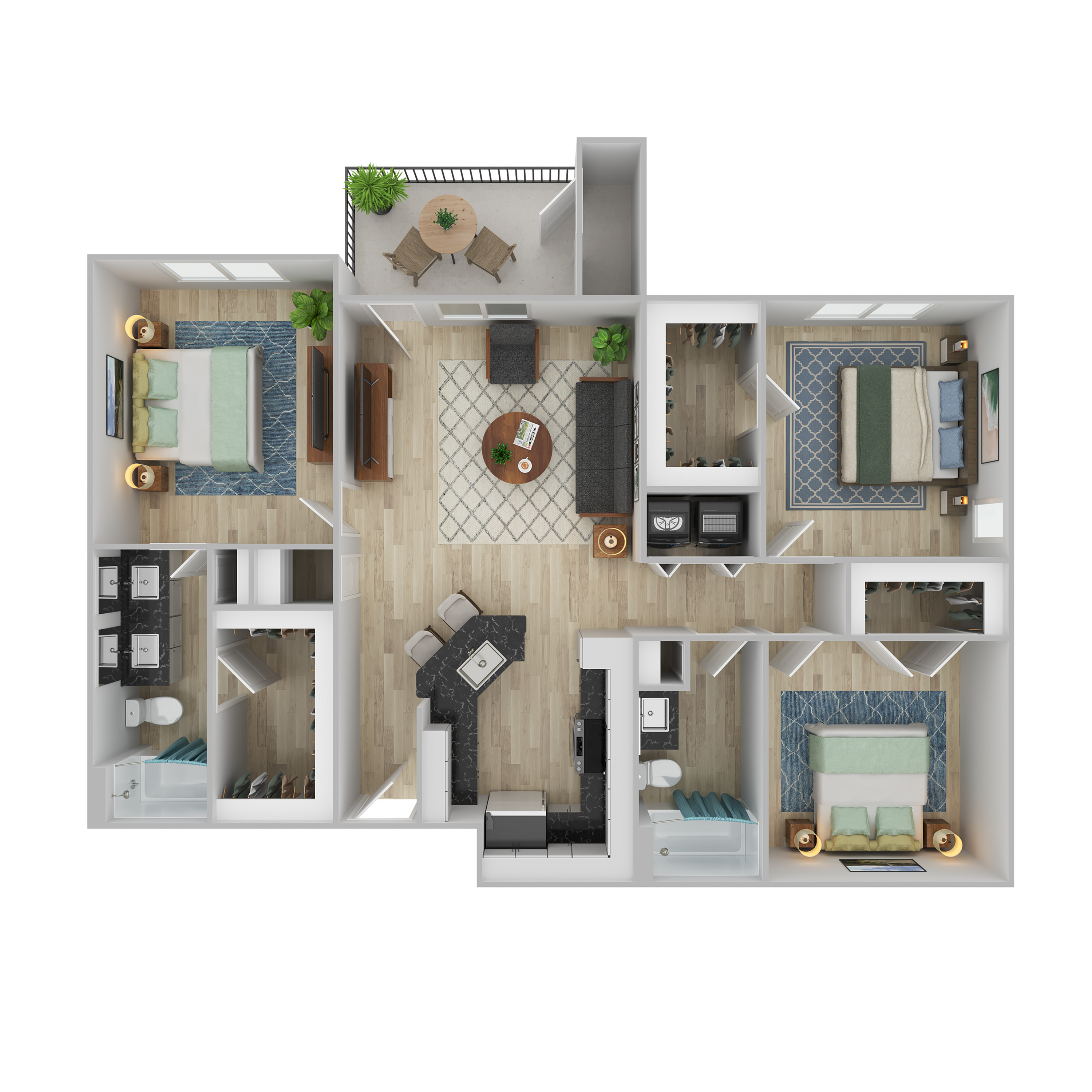 Modern 3D floor plan featuring 3 cozy bedrooms, open-concept living area, stylish kitchen, and balcony with seating.