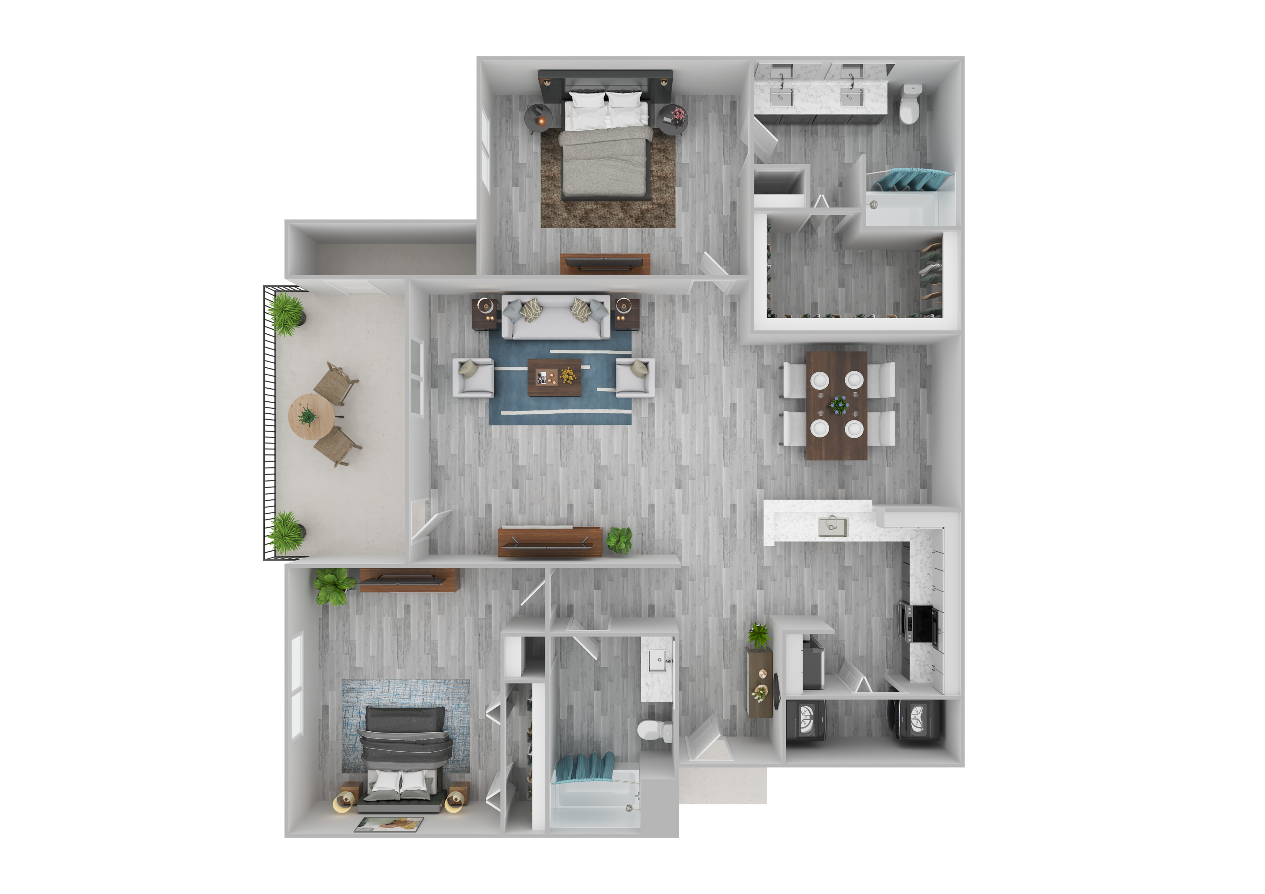 Modern floor plan featuring two bedrooms, a spacious living room, and an open kitchen with dining area, complemented by an inviting balcony.