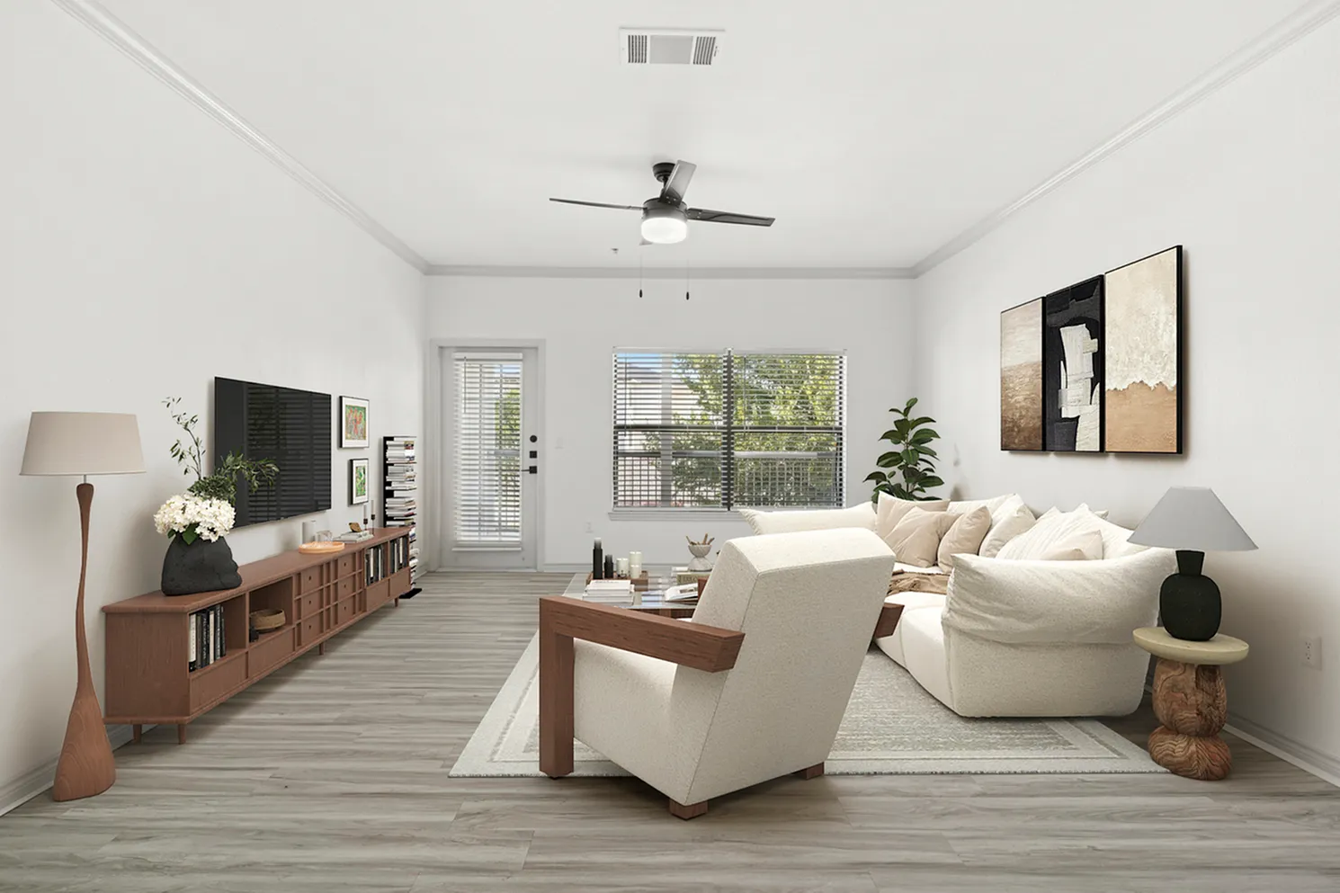 Modern living room with a cozy cream sofa, sleek wooden coffee table, stylish floor lamp, and natural light streaming through large windows.