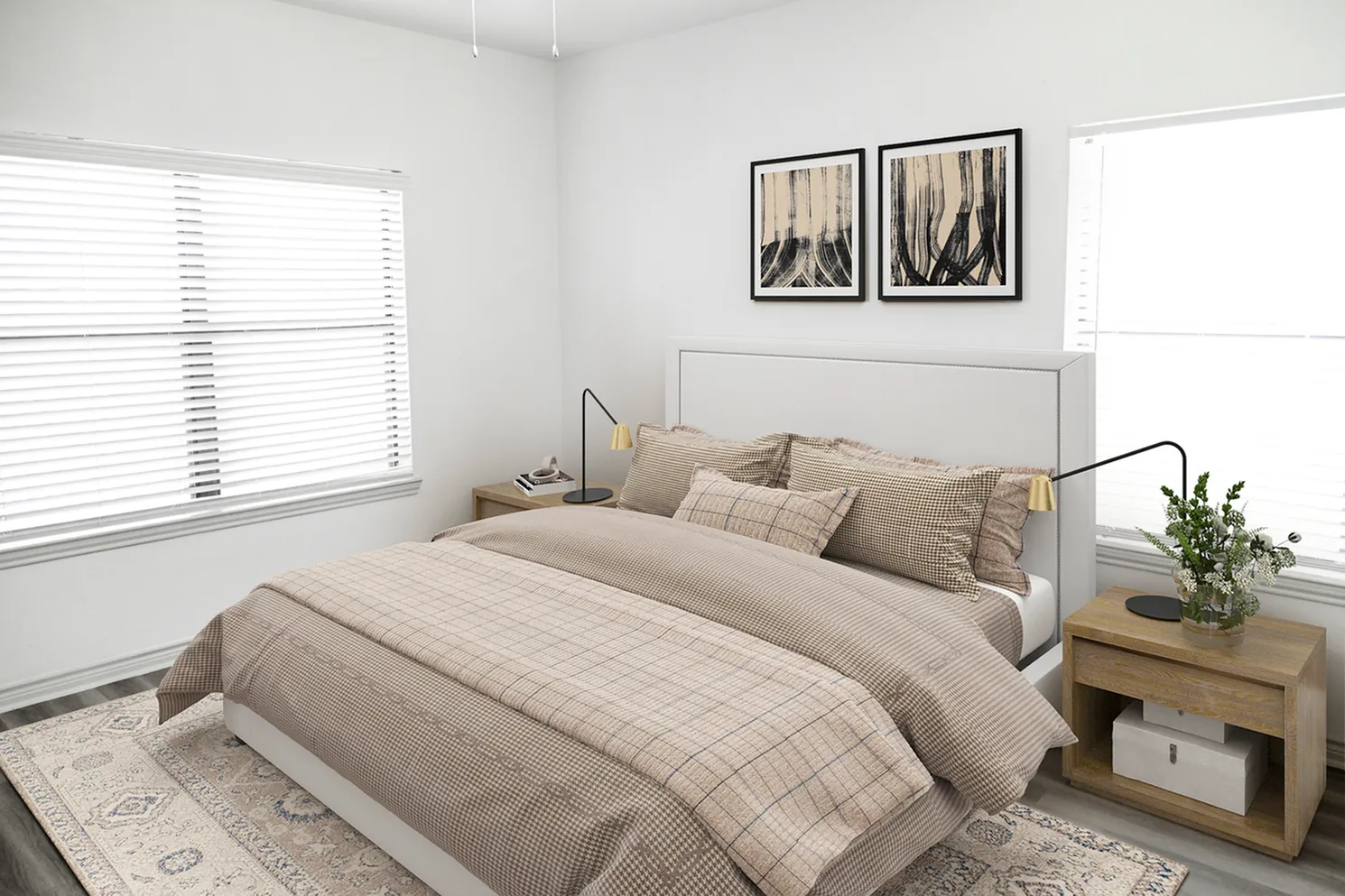 Bright and cozy bedroom with a large bed, elegant decor, and light wood accents.