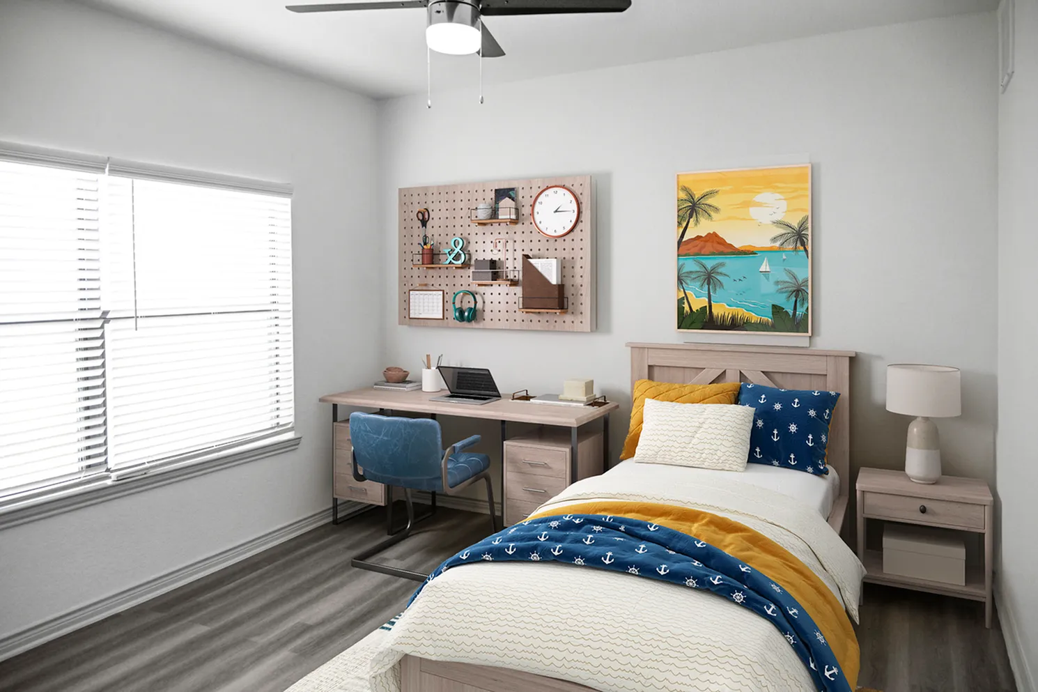 Inviting bedroom with modern decor featuring a cozy bed, stylish desk with laptop, and seaside artwork.