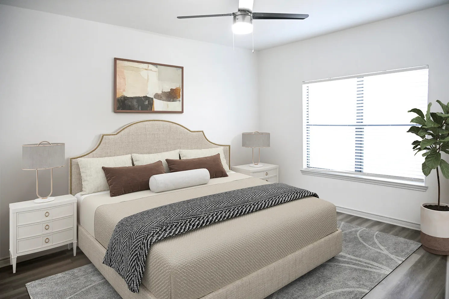 Elegant bedroom featuring stylish bed with neutral bedding, modern lamps on white nightstands, and large window for natural light.