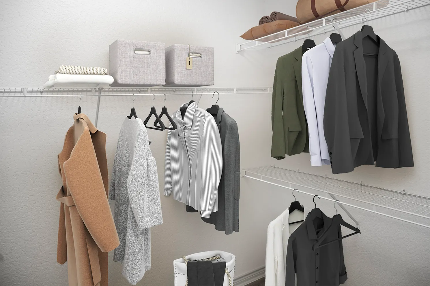 Spacious and organized walk-in closet featuring neatly hung suits, coats, and storage boxes for a sleek, modern living space.