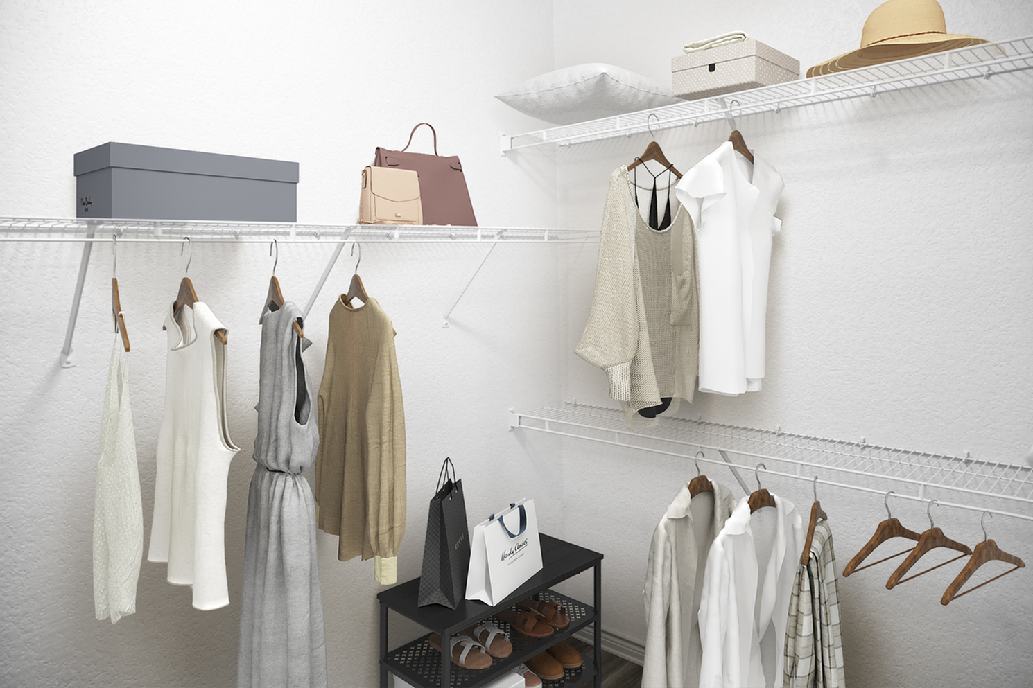Spacious walk-in closet with elegant clothing, ample shelving, and stylish storage solutions.