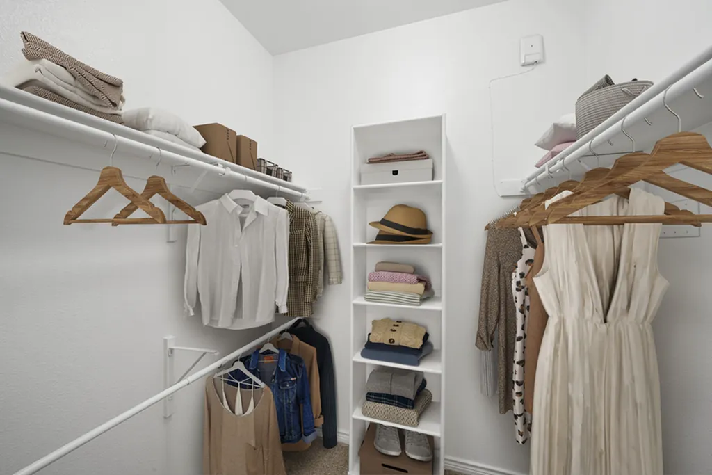 Walk-in closet with shelving, and wooden hangers with clothes