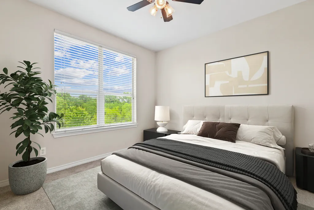 Bedroom wuth plush carpeting, rug, large window, ceiling fan, king size bed with grey and white bedding