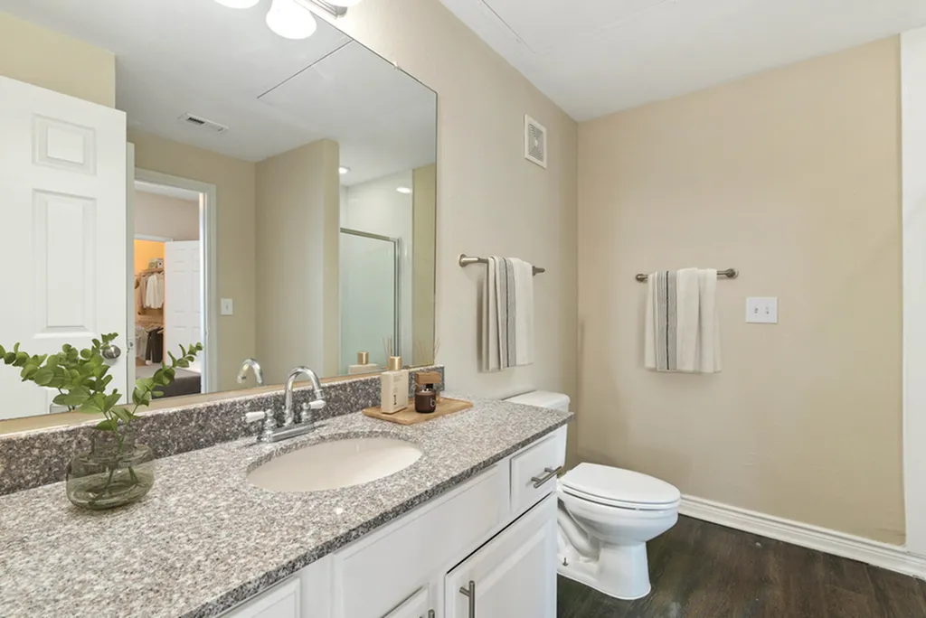 Secondary bathroom with granite counters and large vanity mirror with lighting