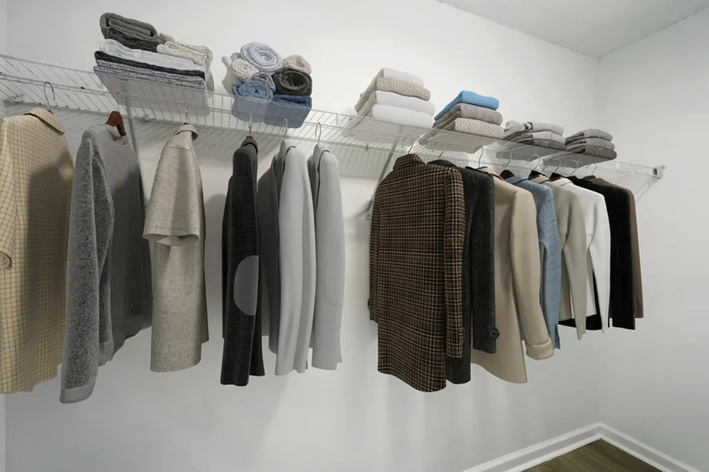 Spacious walk-in closet with neatly organized clothing and linens on shelves and hangers.