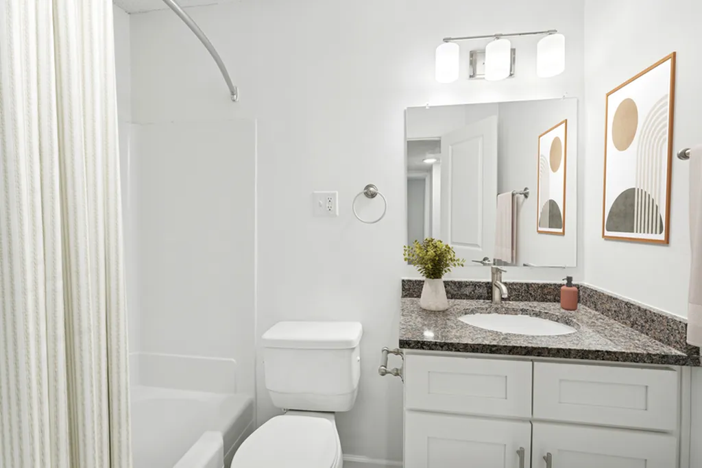 Bright and elegant bathroom featuring a granite countertop, modern fixtures, and sleek minimalist decor.