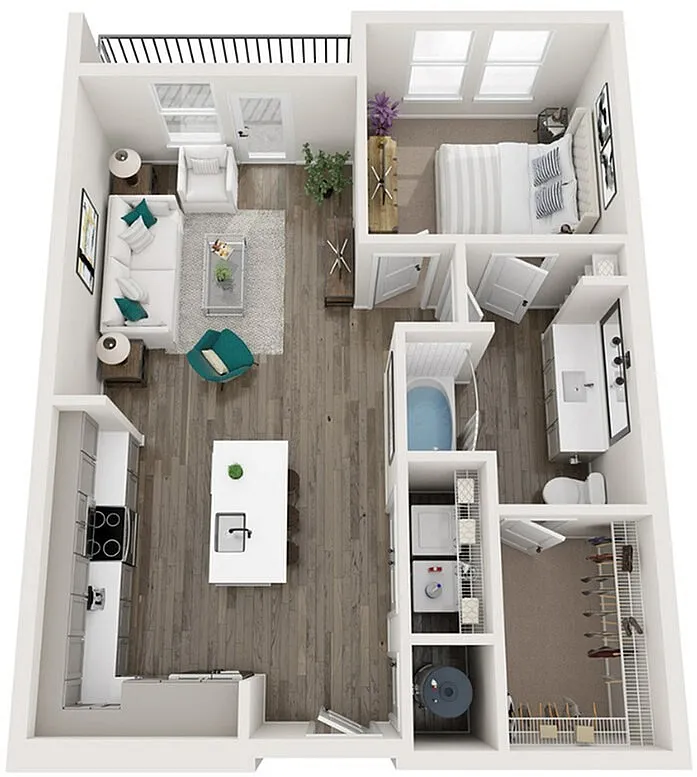 Modern 1-bedroom apartment floor plan with open-concept living area, stylish kitchen, and elegant bathroom.
