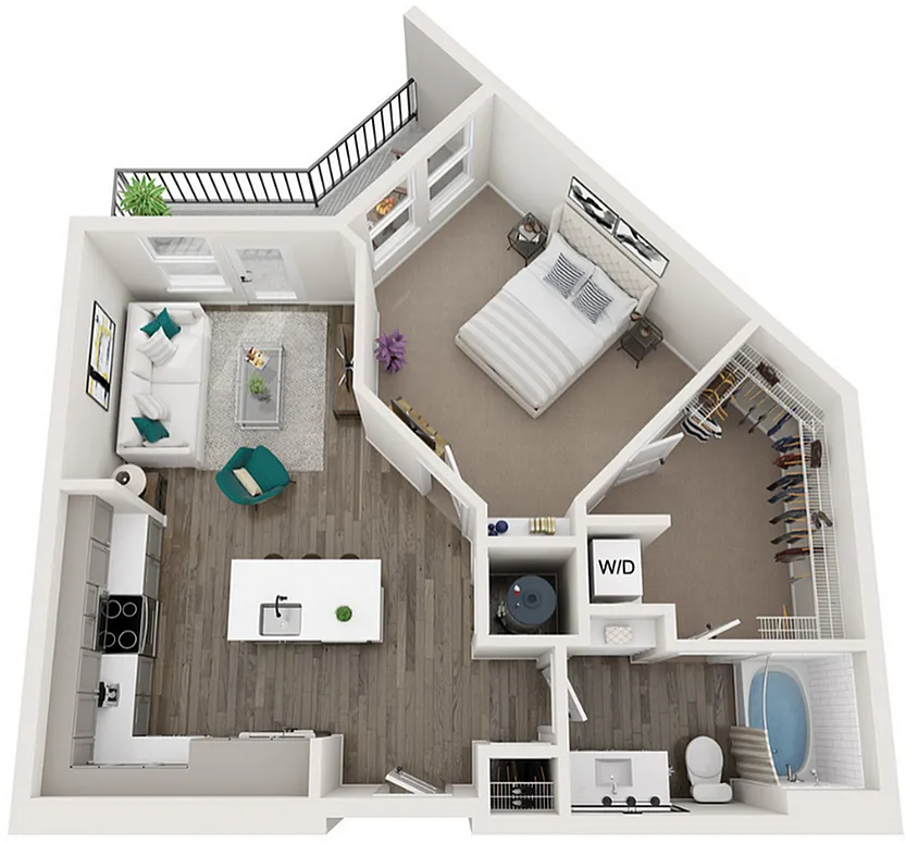 Modern apartment layout featuring one spacious bedroom with a walk-in closet, an open-concept living area with balcony access, and a sleek kitchen with a breakfast bar.