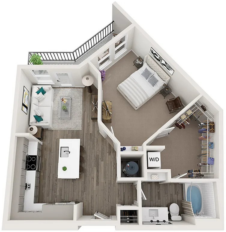 Inviting 3D floor plan featuring a cozy bedroom, open-concept living area, modern kitchen, and spacious balcony, ideal for stylish urban living.