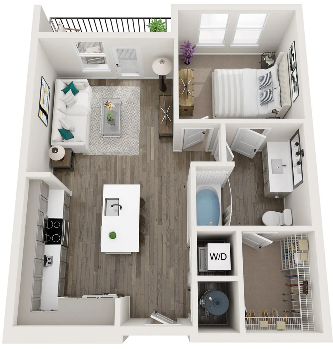 Modern 1-bedroom apartment floor plan with open-concept living area, sleek kitchen island, balcony, and stylish bathroom.