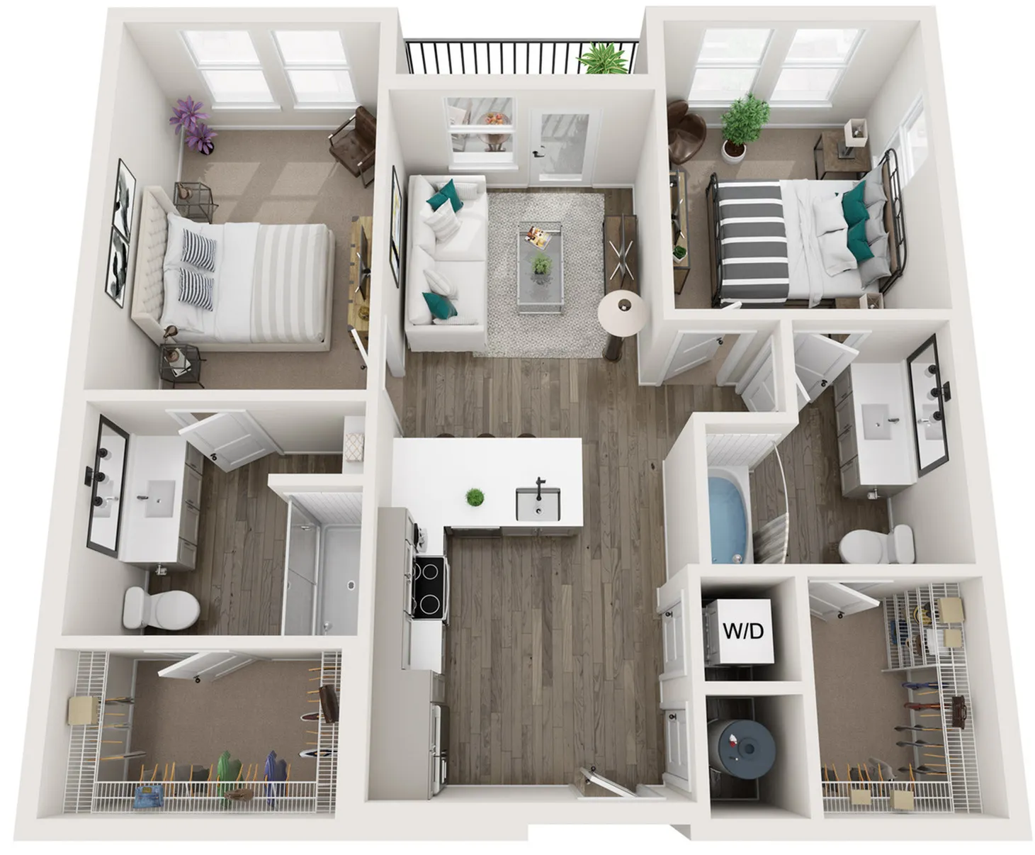 Chic 3D floor plan displaying two bedrooms, a cozy living room, modern kitchen, and stylish bathrooms with ample storage space.