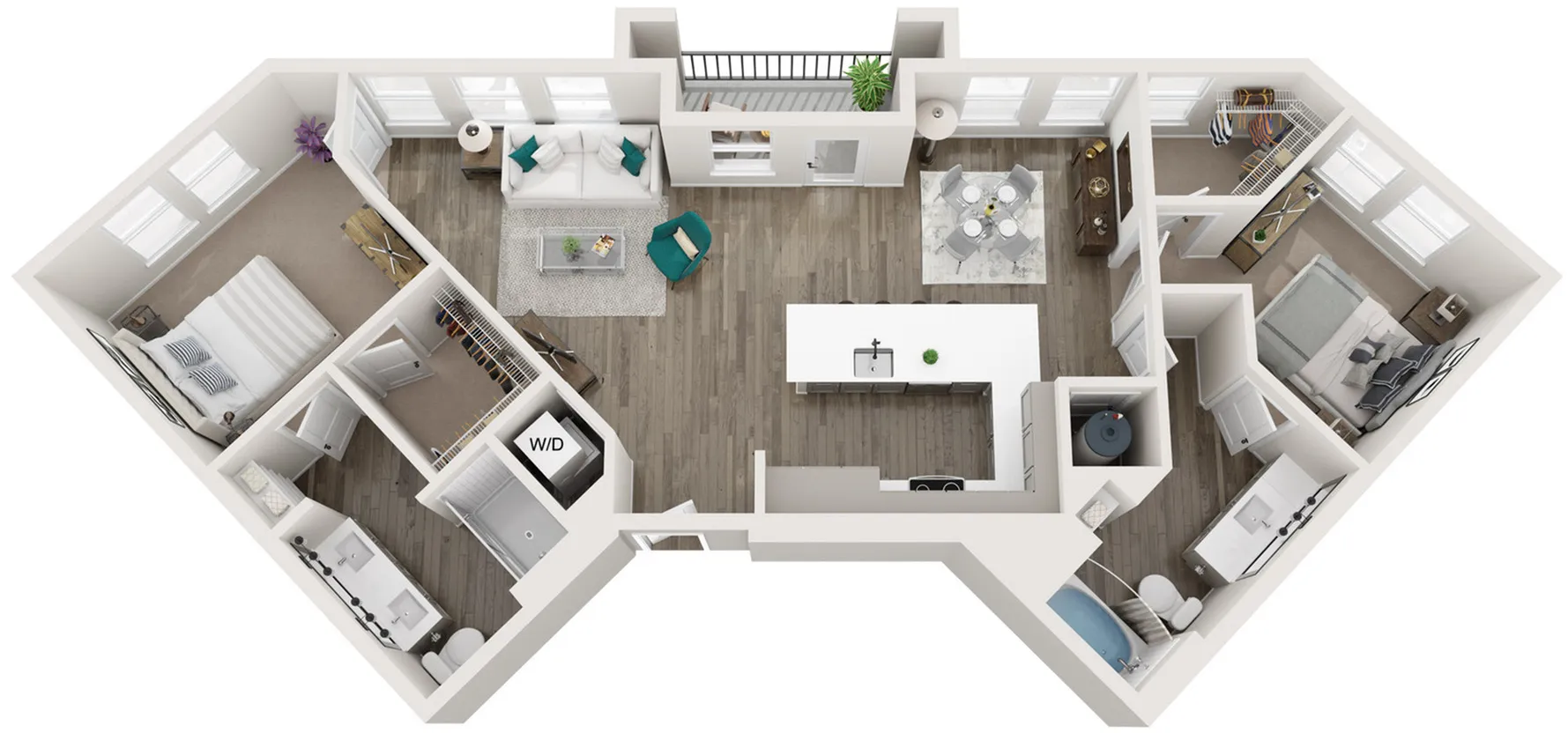 Modern and spacious floor plan featuring two bedrooms, an open-concept kitchen, cozy living room, and two bathrooms, designed for comfort and style.